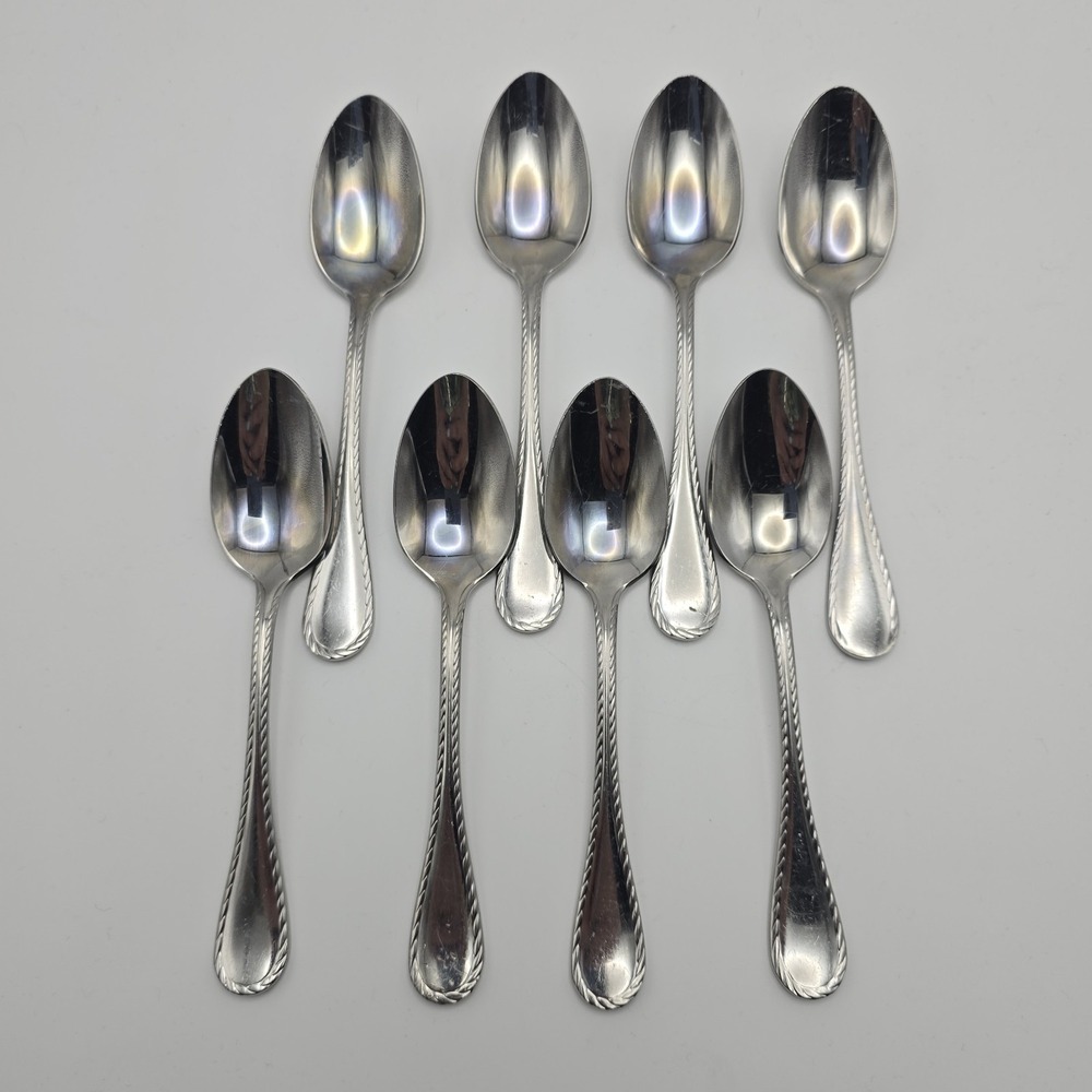 Oneida Belmont Lyons Stainless Teaspoons Set of 8 Glossy Rope Edge 6"